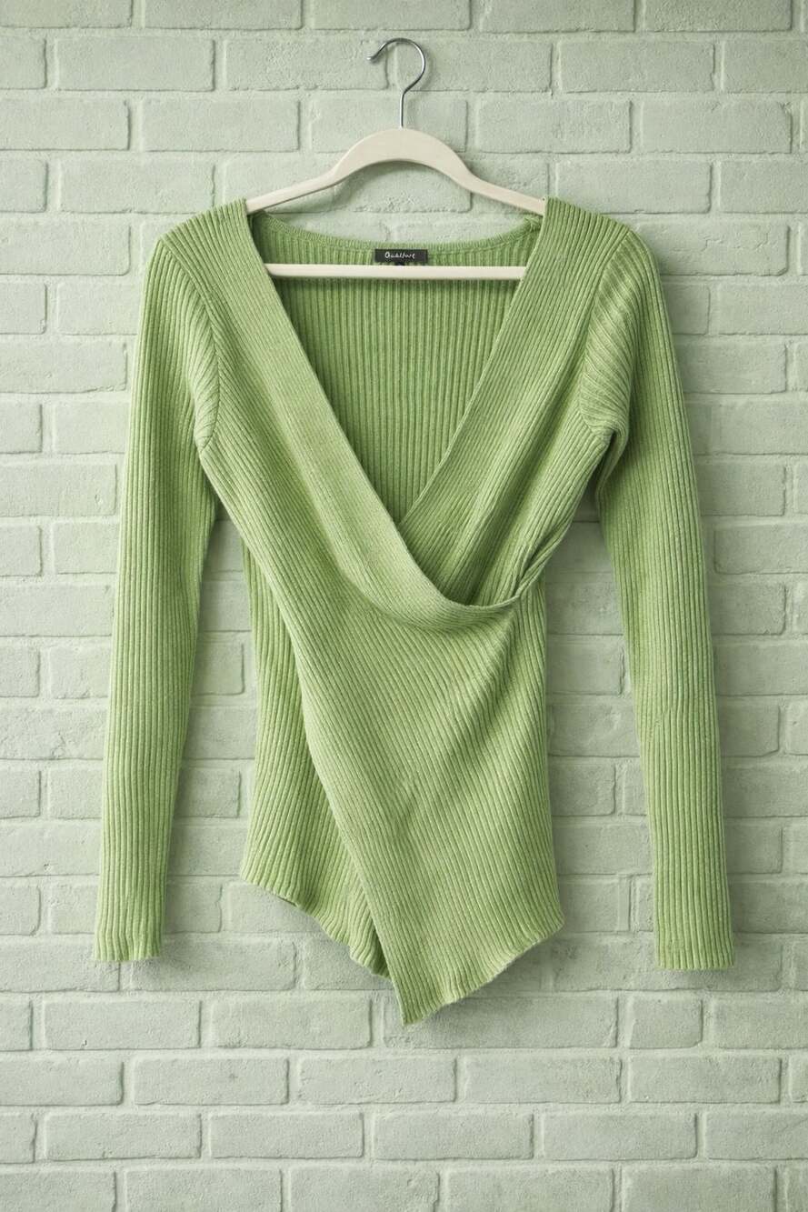 Qualfort Women's Ribbed Knit V-Neck Wrap Front Long Sleeve Sweater in Lime Green